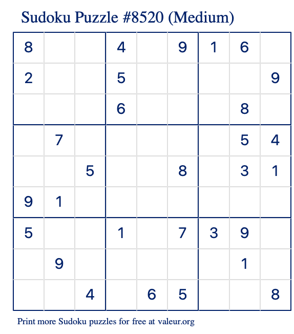 Free Printable Medium Sudoku Puzzle number 8520