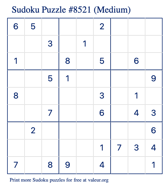 Free Printable Medium Sudoku Puzzle number 8521