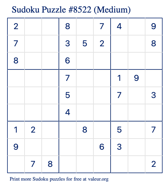 Free Printable Medium Sudoku Puzzle number 8522