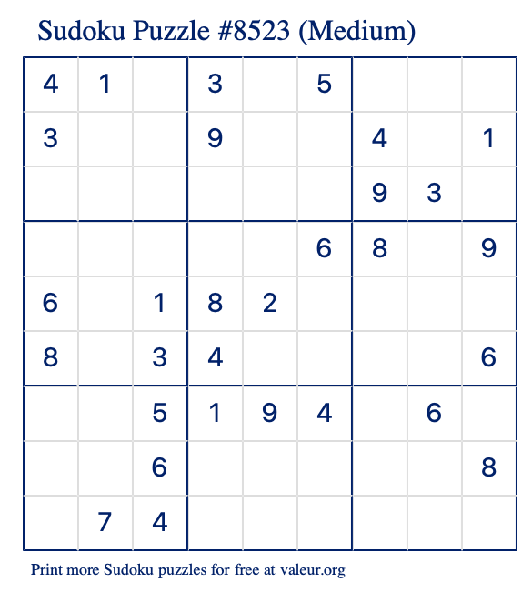 Free Printable Medium Sudoku Puzzle number 8523