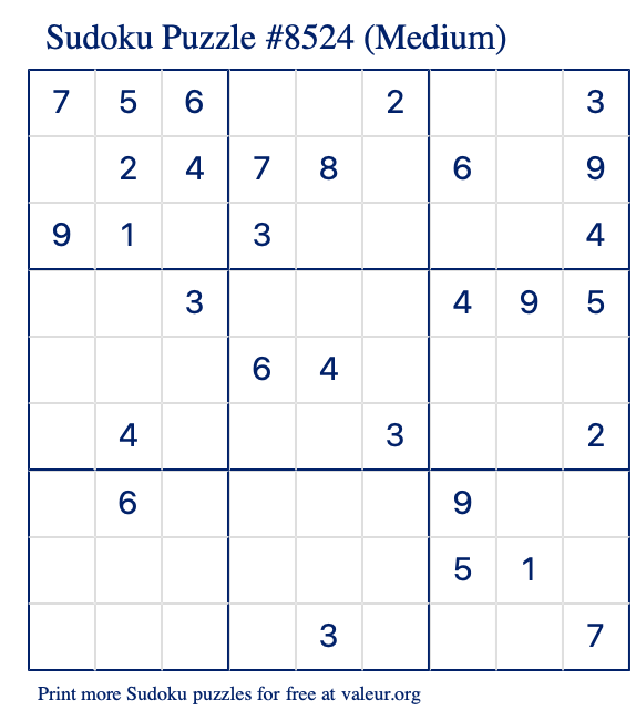 Free Printable Medium Sudoku Puzzle number 8524