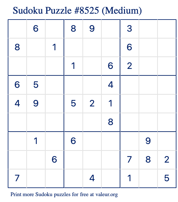 Free Printable Medium Sudoku Puzzle number 8525