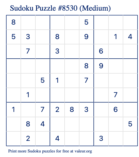 Free Printable Medium Sudoku Puzzle number 8530