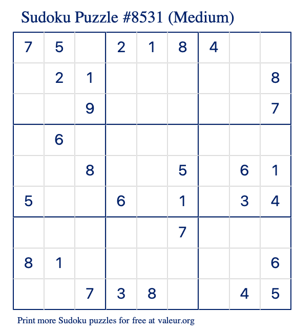 Free Printable Medium Sudoku Puzzle number 8531