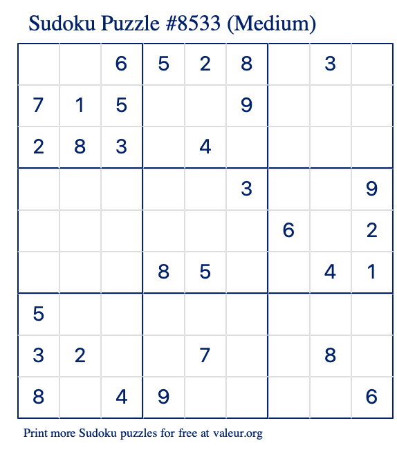 Free Printable Medium Sudoku Puzzle number 8533