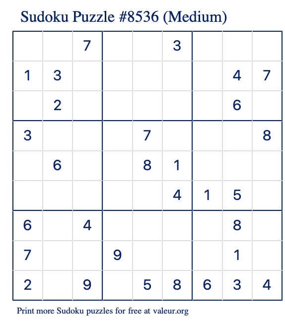 Free Printable Medium Sudoku Puzzle number 8536