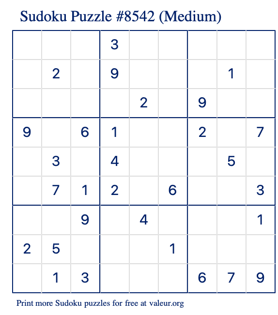 Free Printable Medium Sudoku Puzzle number 8542