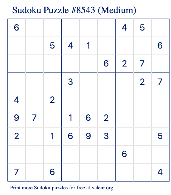 Free Printable Medium Sudoku Puzzle number 8543