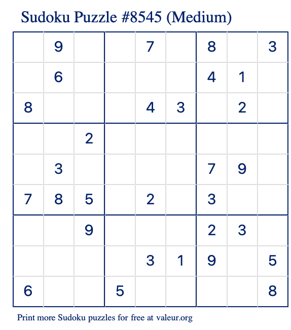 Free Printable Medium Sudoku Puzzle number 8545