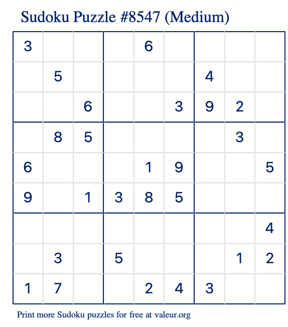 Free Printable Medium Sudoku Puzzle number 8547