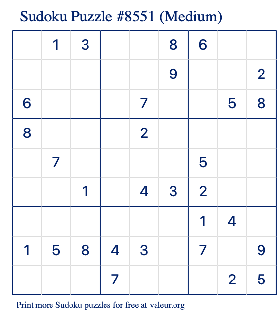 Free Printable Medium Sudoku Puzzle number 8551