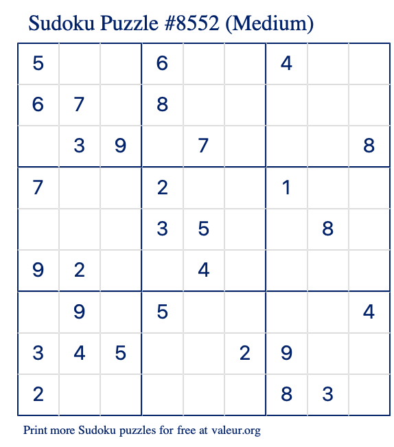 Free Printable Medium Sudoku Puzzle number 8552