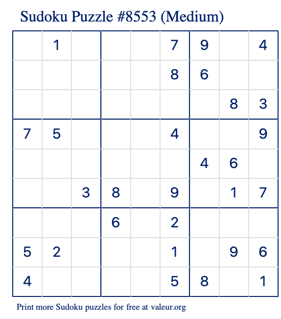Free Printable Medium Sudoku Puzzle number 8553