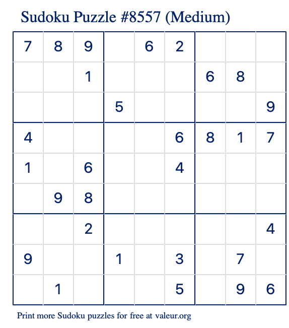 Free Printable Medium Sudoku Puzzle number 8557