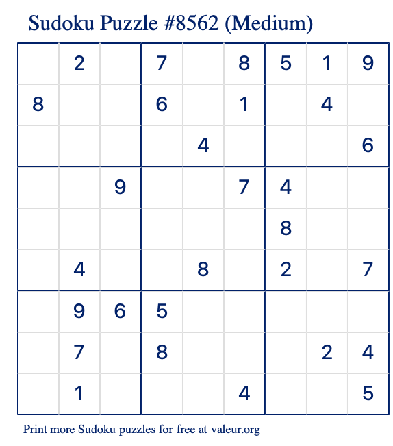 Free Printable Medium Sudoku Puzzle number 8562