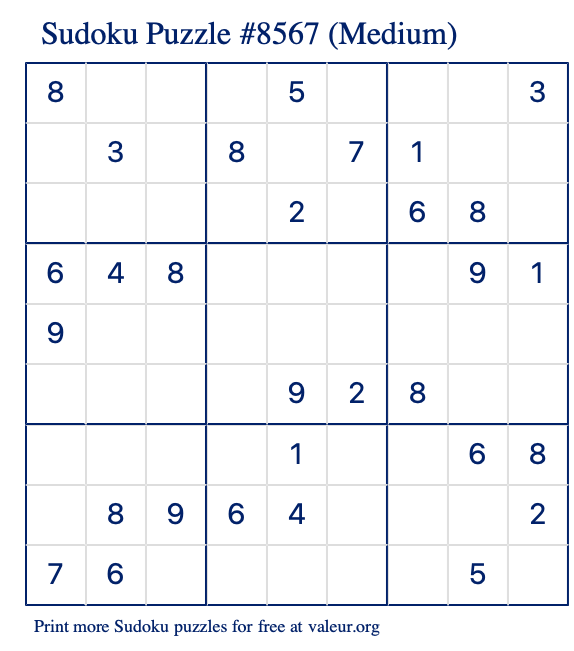 Free Printable Medium Sudoku Puzzle number 8567