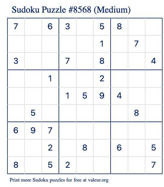 Free Printable Medium Sudoku Puzzle number 8568