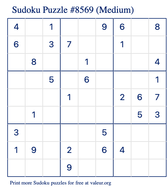 Free Printable Medium Sudoku Puzzle number 8569