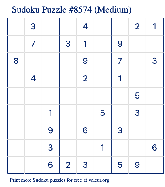 Free Printable Medium Sudoku Puzzle number 8574