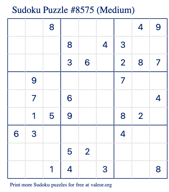 Free Printable Medium Sudoku Puzzle number 8575