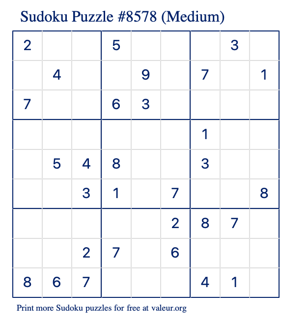 Free Printable Medium Sudoku Puzzle number 8578