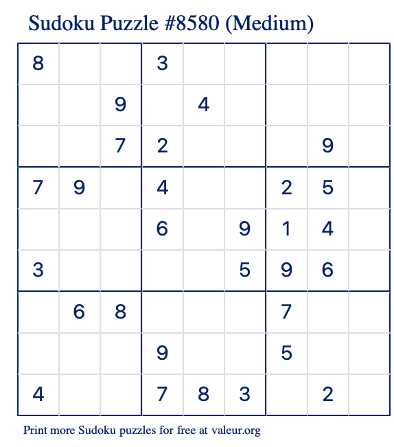 Free Printable Medium Sudoku Puzzle number 8580