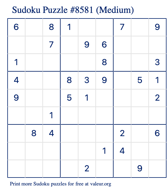 Free Printable Medium Sudoku Puzzle number 8581