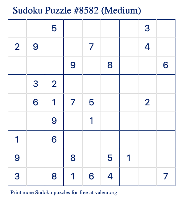 Free Printable Medium Sudoku Puzzle number 8582