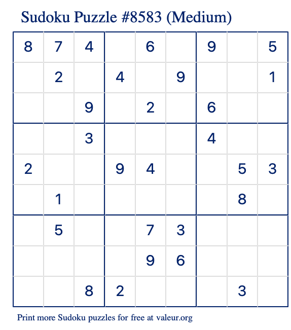 Free Printable Medium Sudoku Puzzle number 8583
