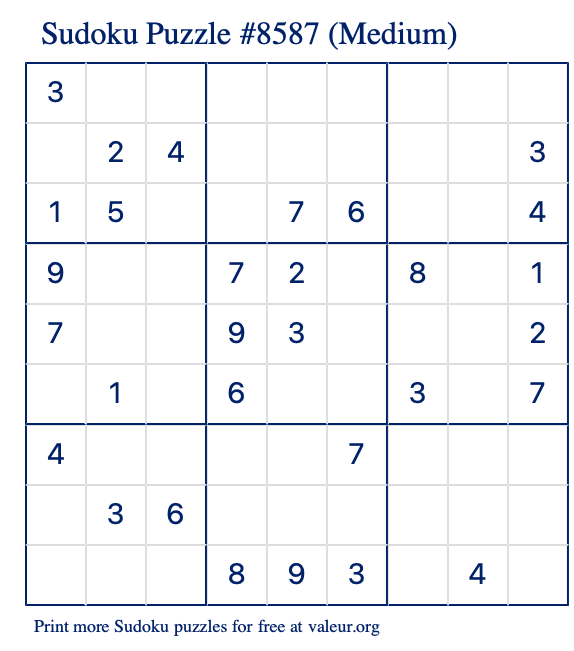 Free Printable Medium Sudoku Puzzle number 8587