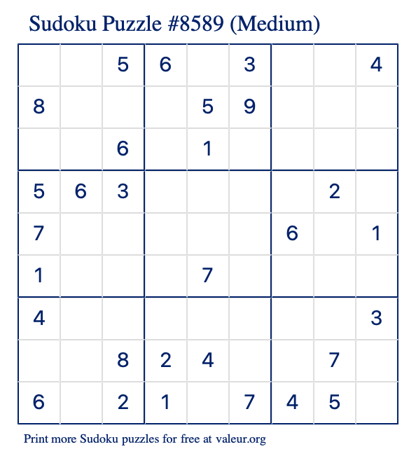 Free Printable Medium Sudoku Puzzle number 8589