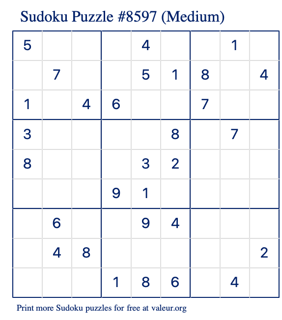 Free Printable Medium Sudoku Puzzle number 8597