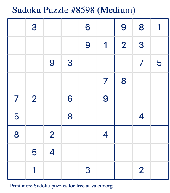 Free Printable Medium Sudoku Puzzle number 8598