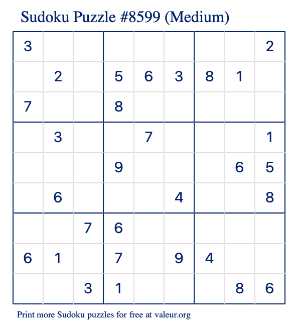 Free Printable Medium Sudoku Puzzle number 8599