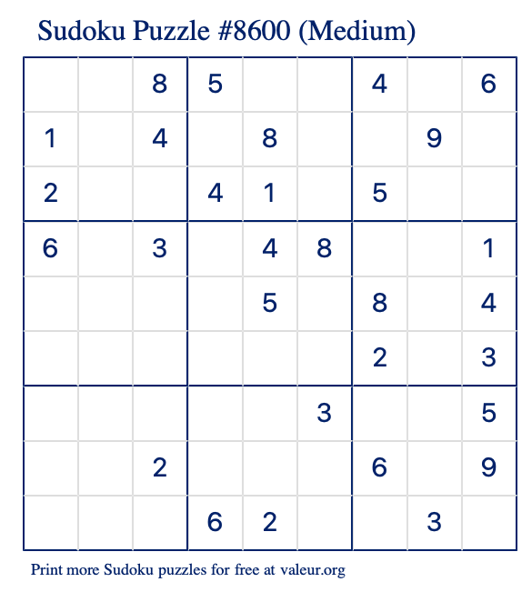 Free Printable Medium Sudoku Puzzle number 8600