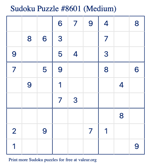 Free Printable Medium Sudoku Puzzle number 8601