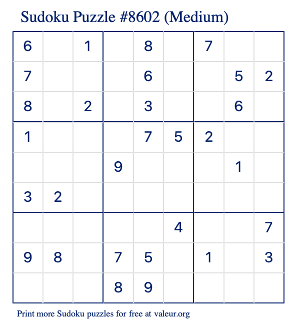 Free Printable Medium Sudoku Puzzle number 8602