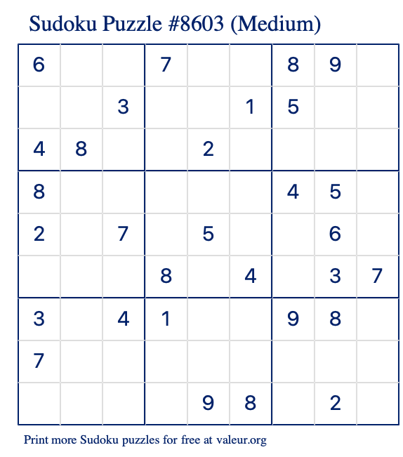 Free Printable Medium Sudoku Puzzle number 8603