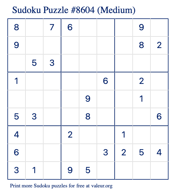 Free Printable Medium Sudoku Puzzle number 8604
