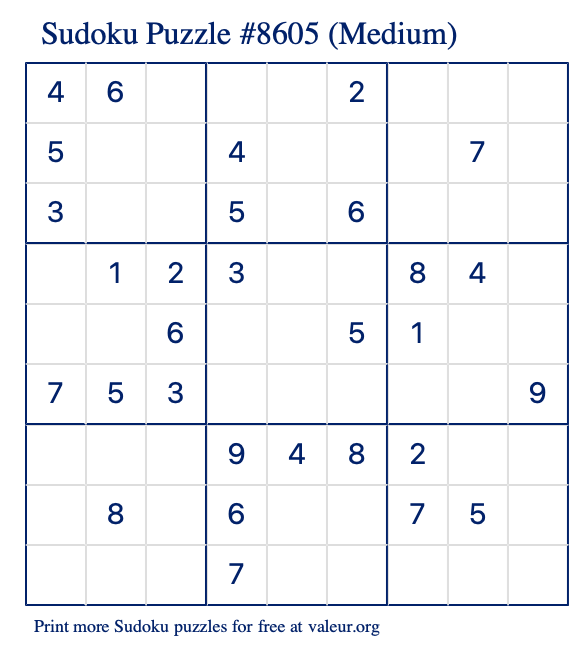 Free Printable Medium Sudoku Puzzle number 8605