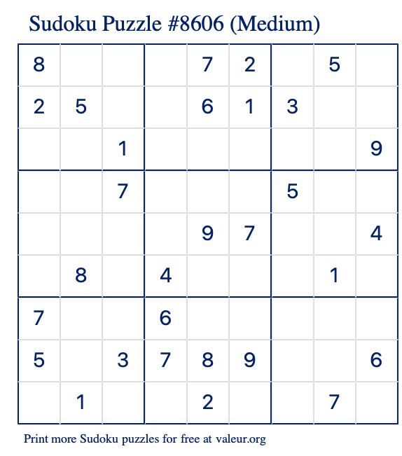 Free Printable Medium Sudoku Puzzle number 8606