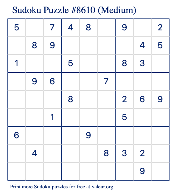 Free Printable Medium Sudoku Puzzle number 8610