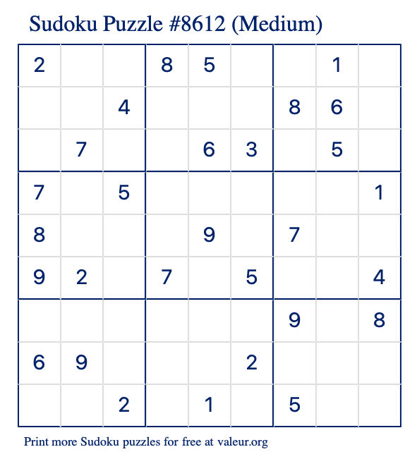 Free Printable Medium Sudoku Puzzle number 8612