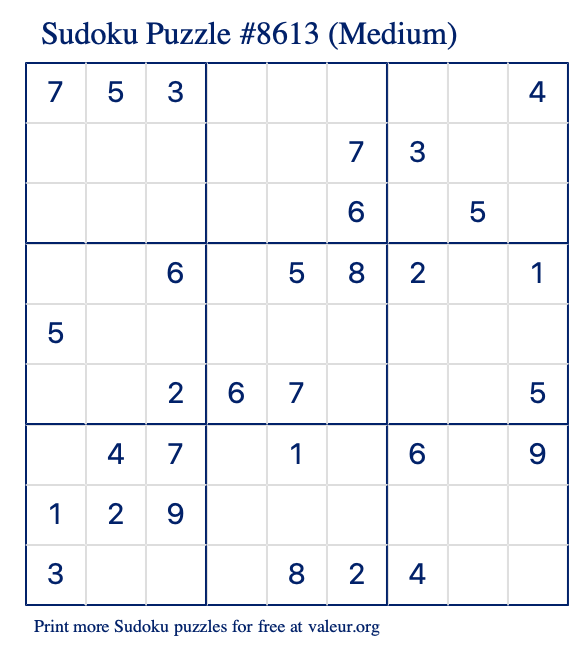 Free Printable Medium Sudoku Puzzle number 8613