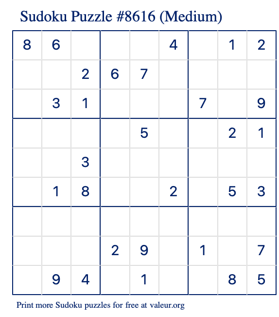 Free Printable Medium Sudoku Puzzle number 8616