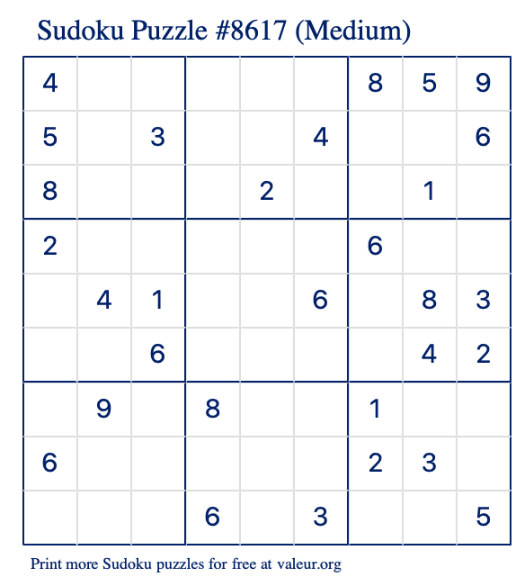 Free Printable Medium Sudoku Puzzle number 8617