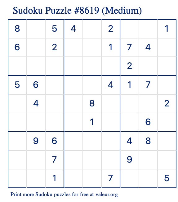 Free Printable Medium Sudoku Puzzle number 8619