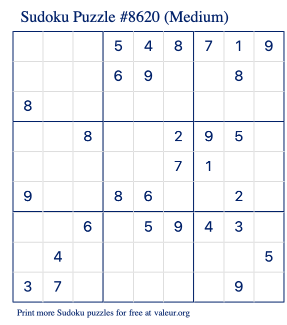 Free Printable Medium Sudoku Puzzle number 8620