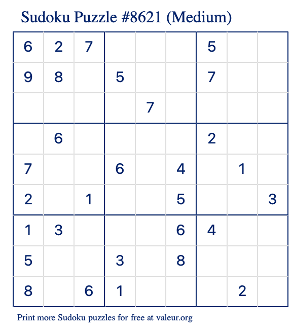 Free Printable Medium Sudoku Puzzle number 8621
