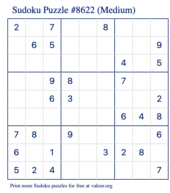 Free Printable Medium Sudoku Puzzle number 8622